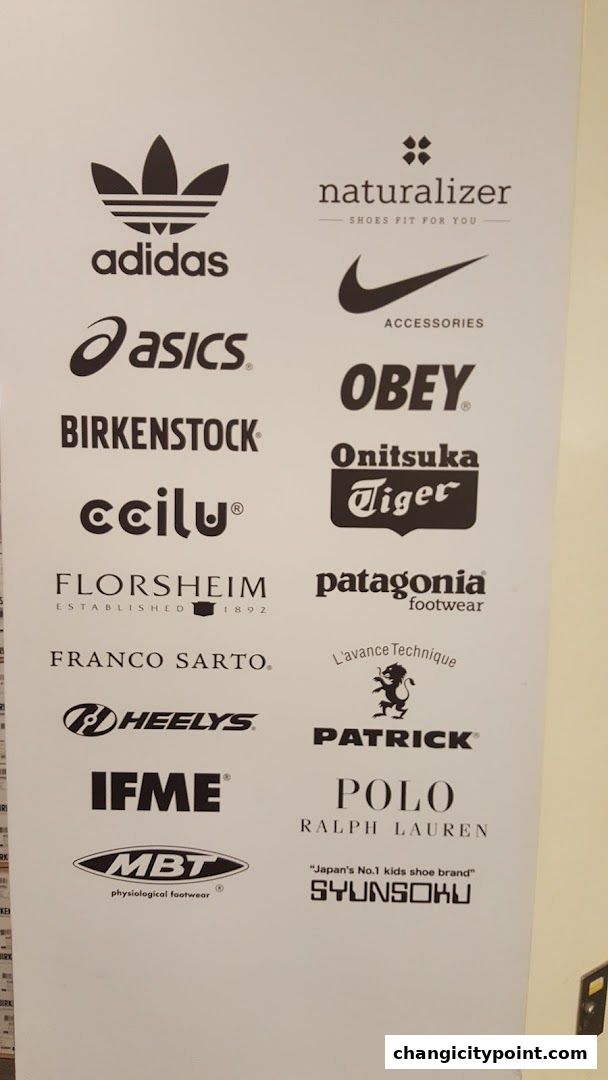 A wall display showcasing logos of various popular footwear and apparel brands.