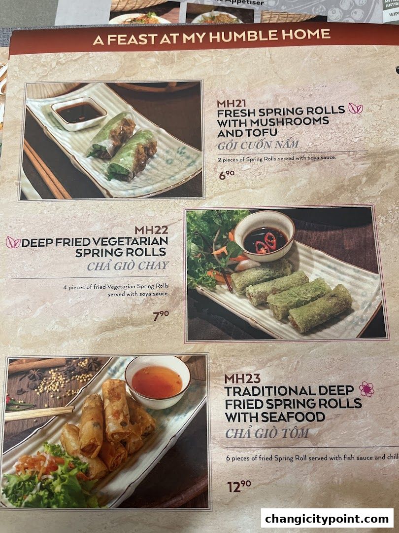A menu featuring various types of spring rolls with images and descriptions.