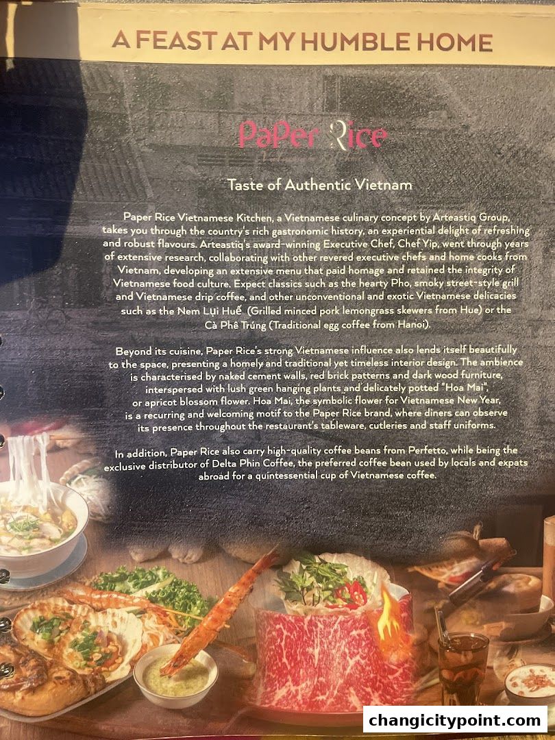 A menu page for Paper Rice Vietnamese Kitchen, showcasing authentic Vietnamese cuisine and ambiance.