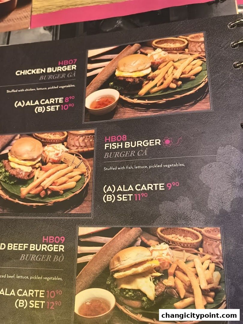 A menu page showcasing three different burger options with fries and dipping sauce.