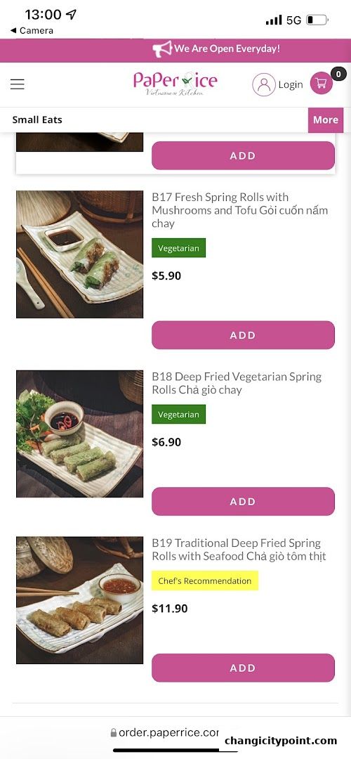 A mobile menu displaying Vietnamese small eats, featuring various spring rolls with prices.