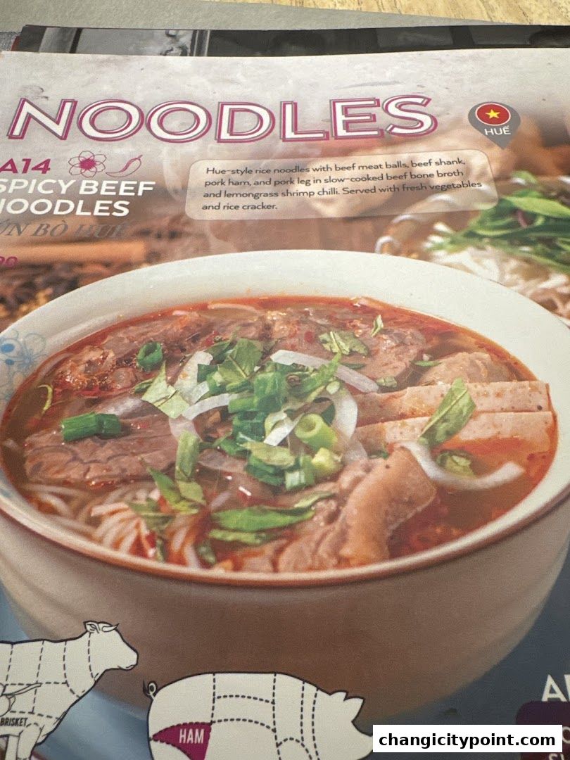A close-up of a bowl of spicy beef noodles with a description.