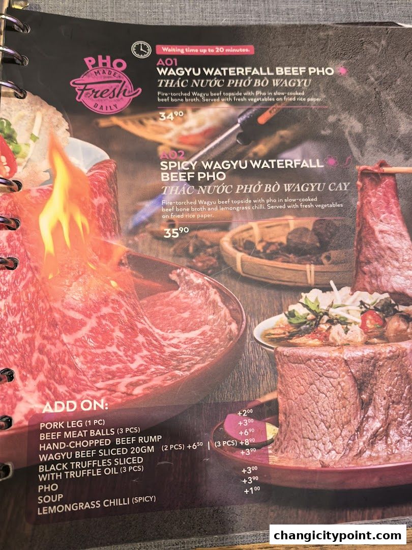 A menu page showcasing Wagyu beef pho dishes with add-on options.