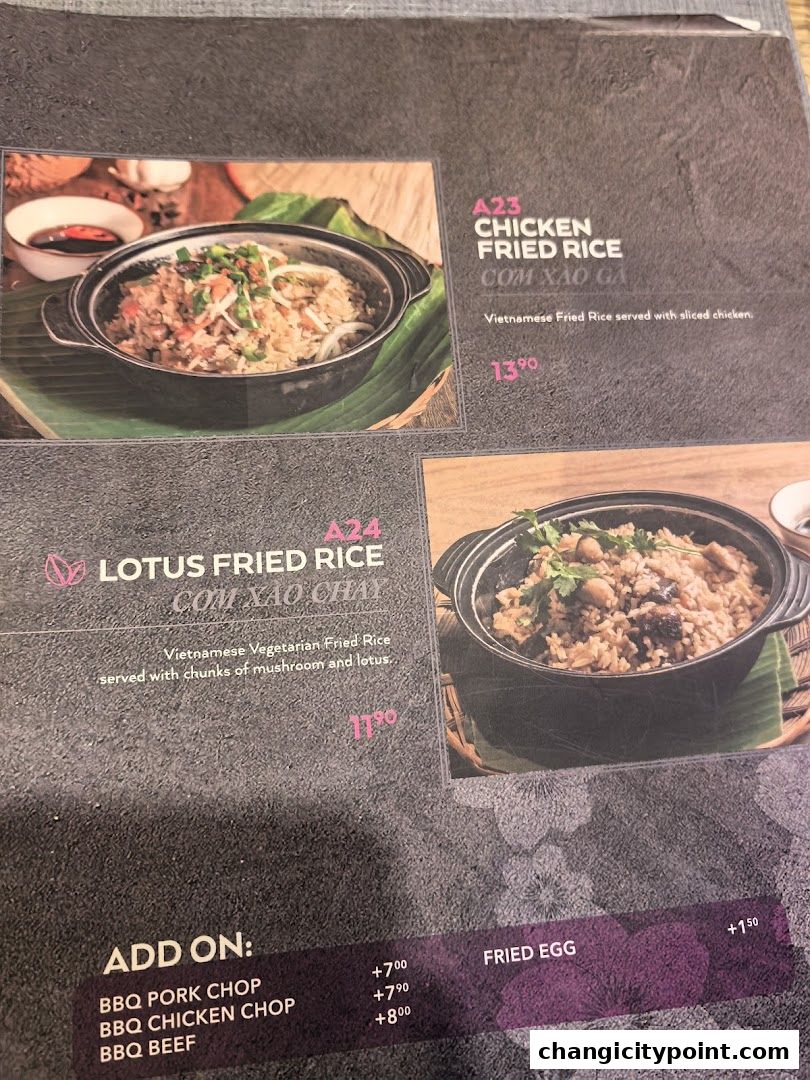 A menu page showcasing Vietnamese fried rice dishes and add-on options.