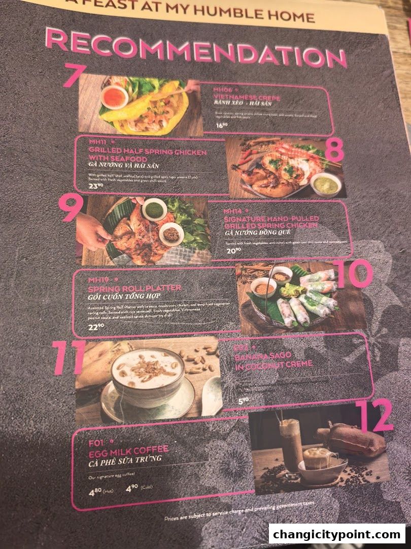 A menu page showcasing recommended Vietnamese dishes and drinks with appealing food photography.