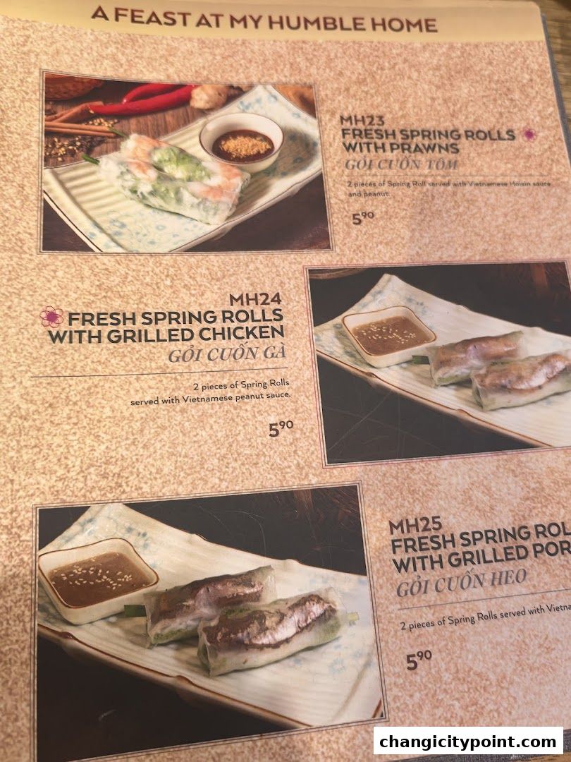 A menu page showcasing three varieties of fresh spring rolls with accompanying images and descriptions.