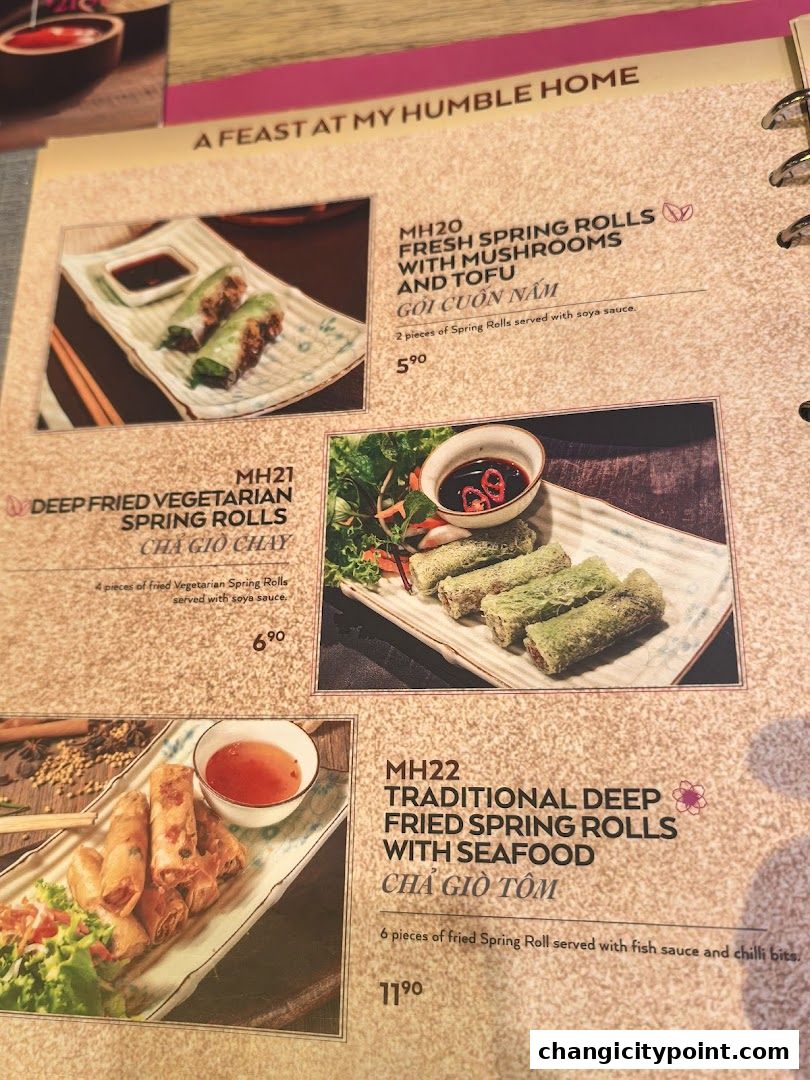 A menu page showcasing various spring roll dishes with appetizing images and descriptions.