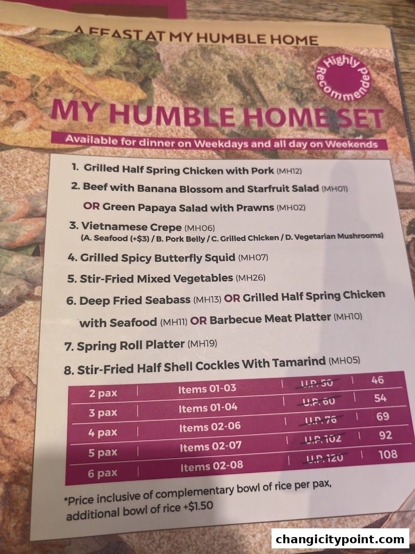 A menu for 'My Humble Home Set' featuring various dishes and set prices for different pax.
