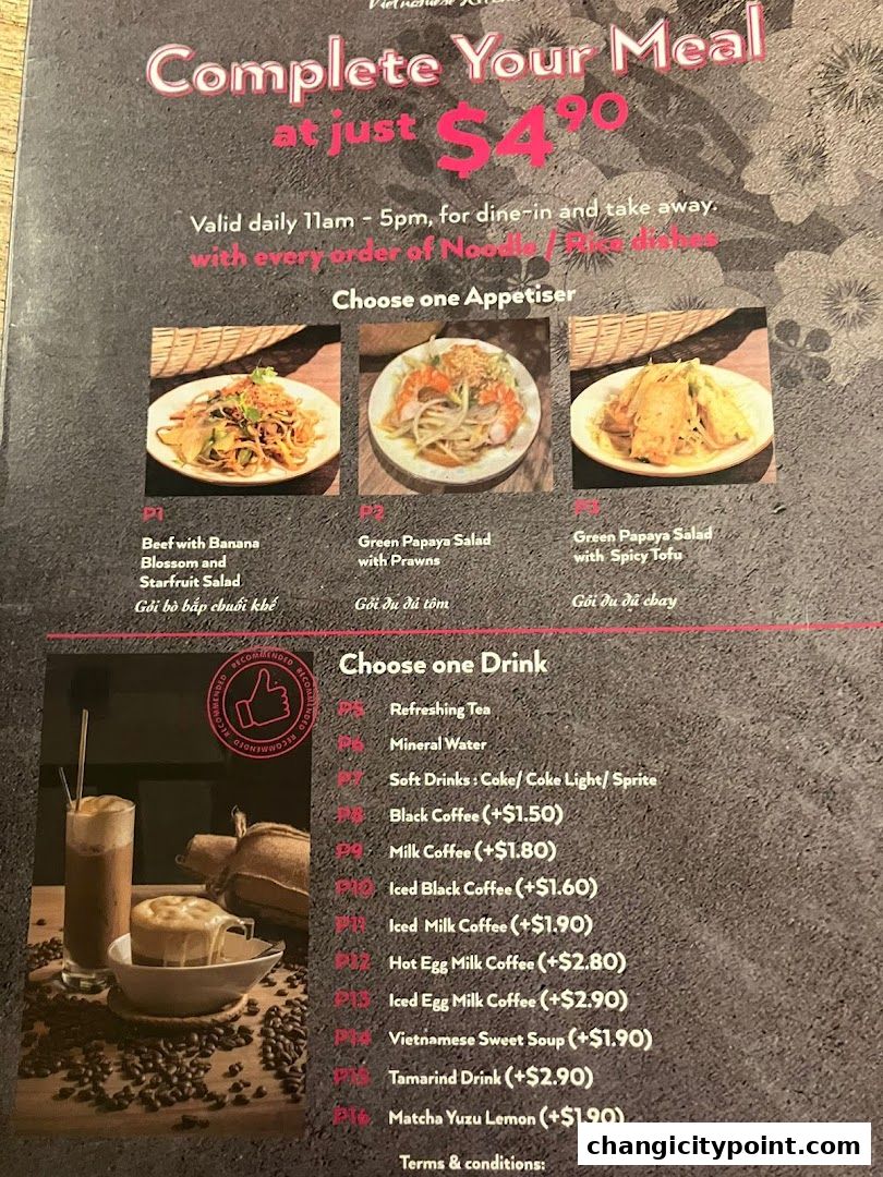 A menu offering a complete meal deal with appetizers and drinks.