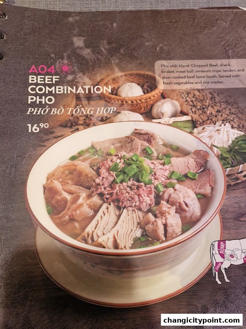 A menu item showcasing a hearty beef combination pho with various cuts of beef.