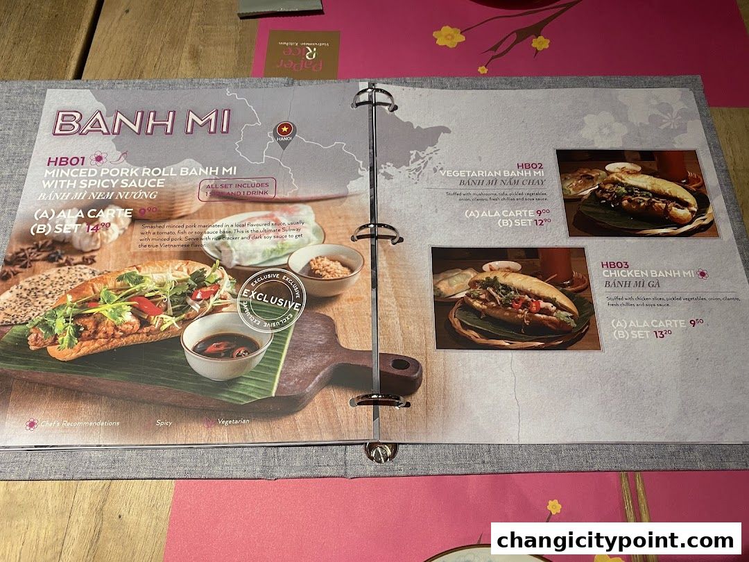 A menu page showcasing various Banh Mi options with descriptions and prices.