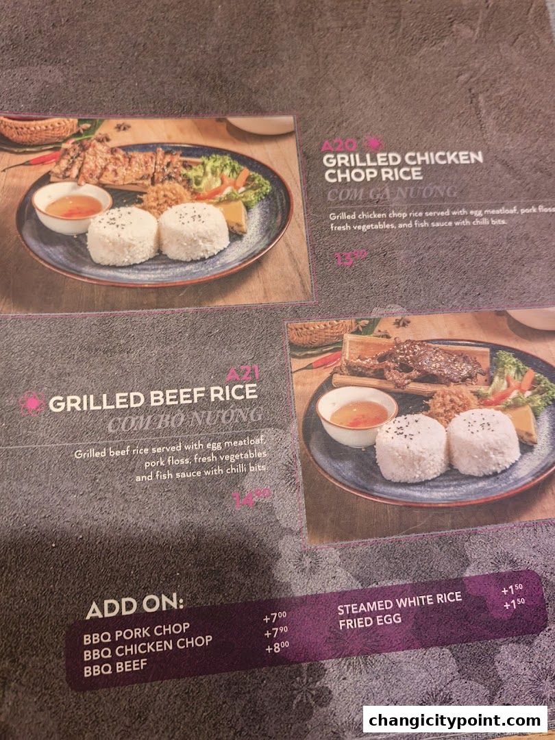 A menu page showcasing grilled chicken and beef rice dishes with add-on options.