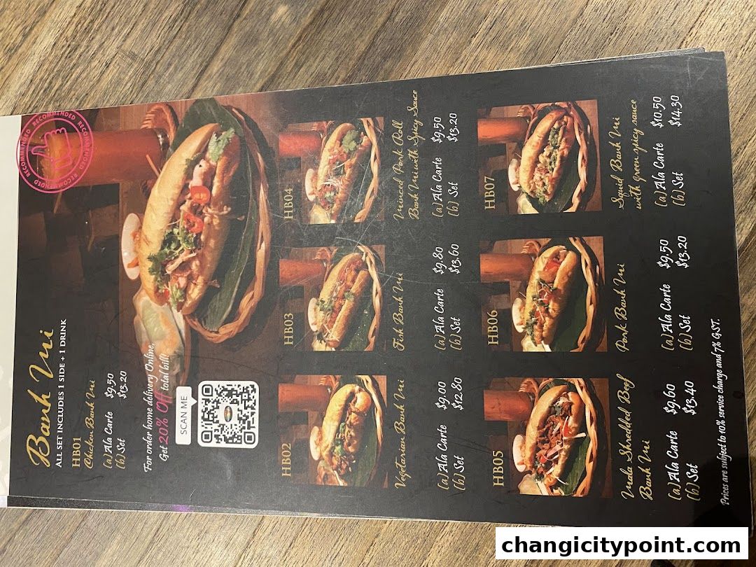 A menu for Banh Vui featuring various banh mi options with prices and descriptions.