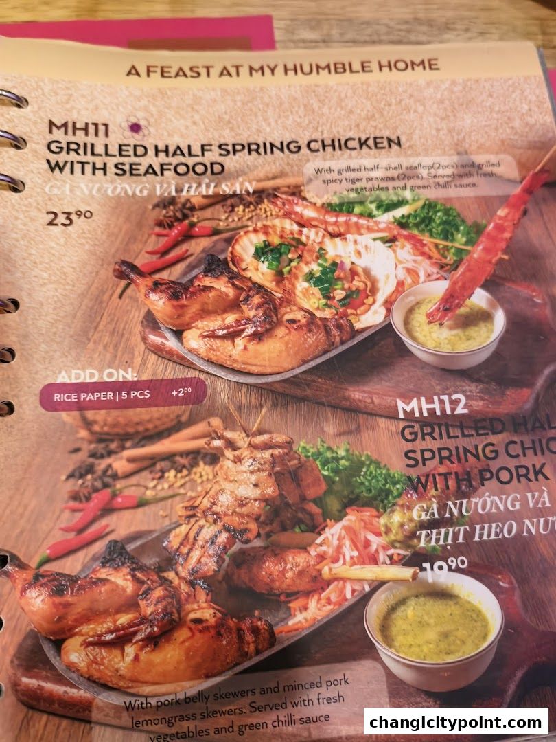 A menu page showcasing grilled chicken dishes with seafood and pork.