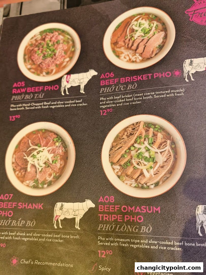 A menu showcasing various beef pho dishes with descriptions and prices.