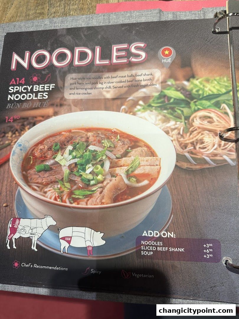 A menu page showcasing a bowl of Spicy Beef Noodles with detailed ingredients and add-on options.