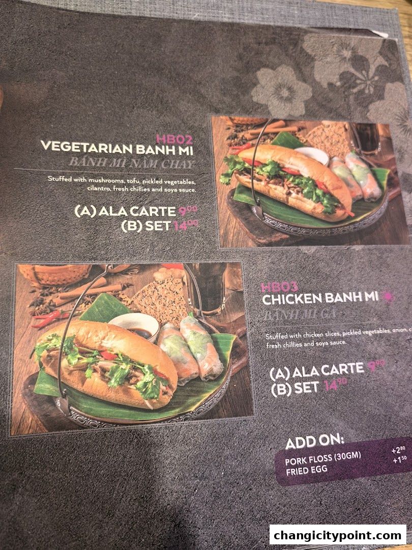 A menu featuring Vegetarian and Chicken Banh Mi, with add-on options.