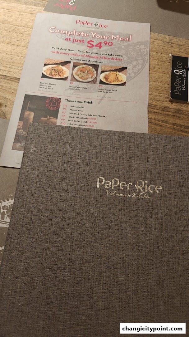 A menu from Paper Rice Vietnamese Kitchen offering a meal deal with appetizer and drink options.