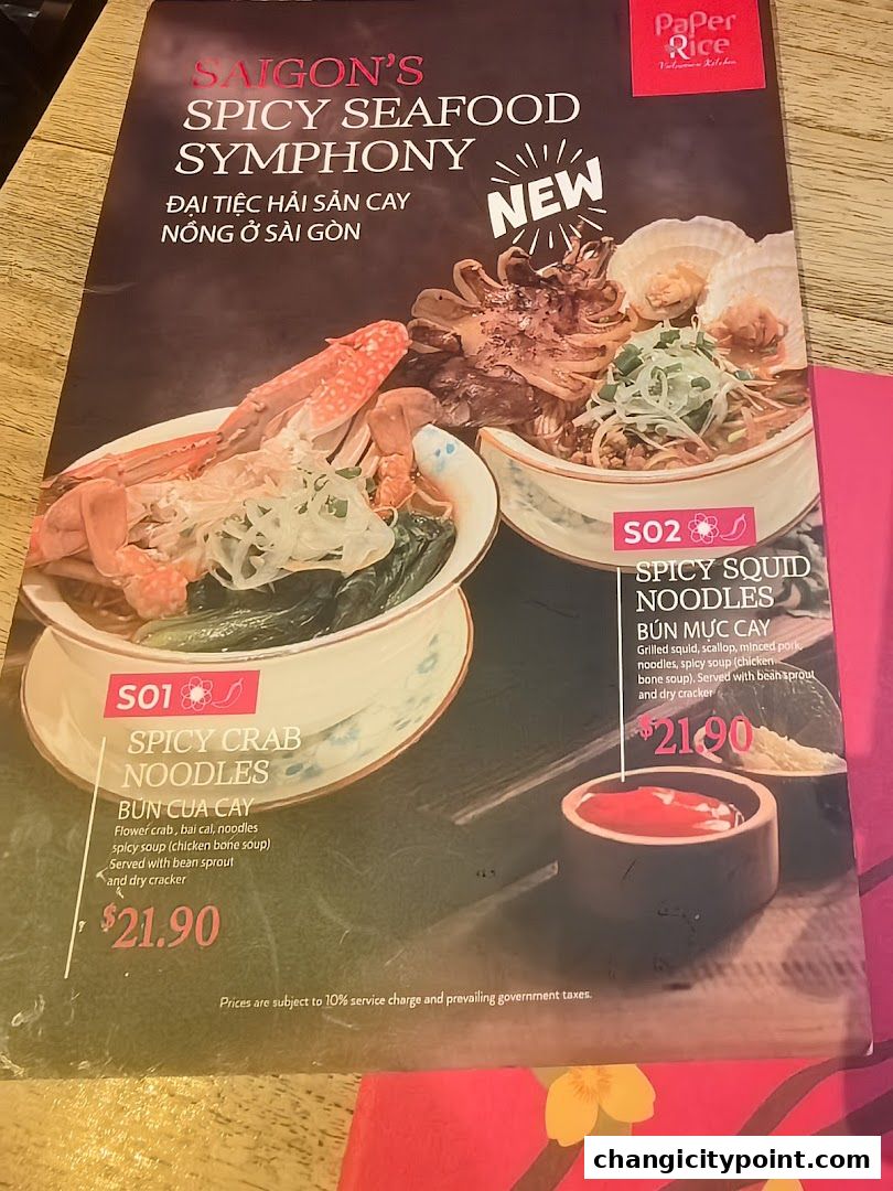A menu featuring Saigon's Spicy Seafood Symphony with two noodle dishes.