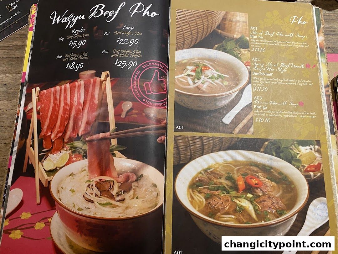 A menu showcasing Wagyu Beef Pho and other pho dishes with enticing images.