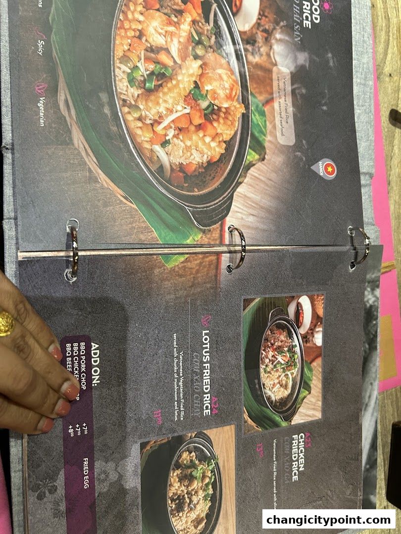 A menu page showcasing Vietnamese fried rice dishes with appetizing images.
