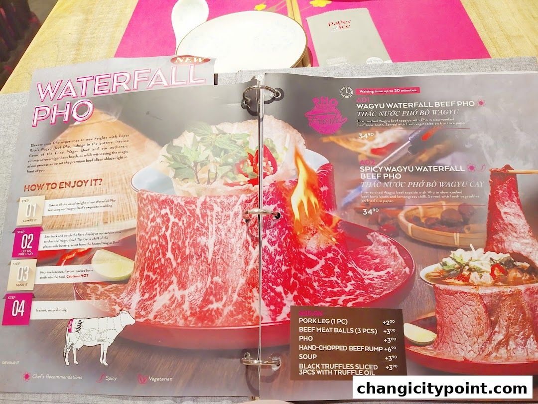 A menu showcasing Paper Rice's signature Waterfall Pho with premium Wagyu beef.