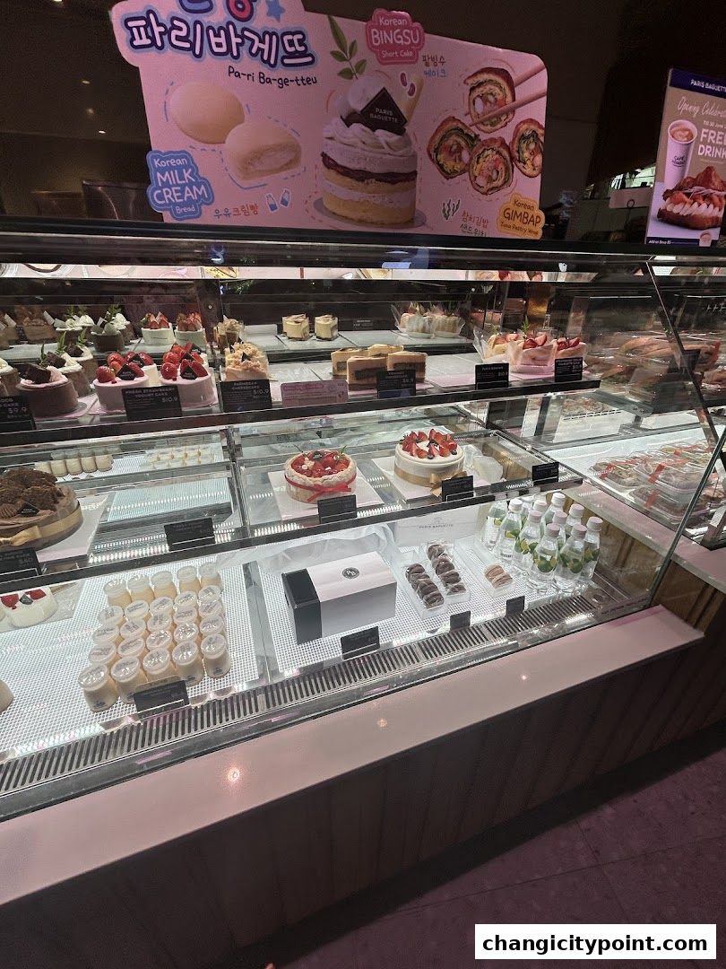 A display case filled with various cakes, pastries, and drinks at Paris Baguette.