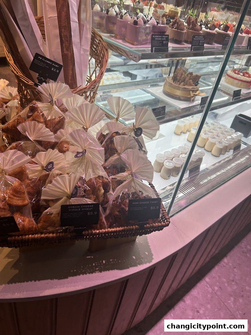 A display of freshly baked pastries and cakes in a bakery display case.