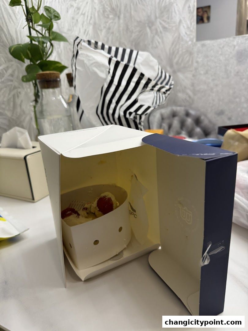 A partially opened Paris Baguette box with a dessert inside and a shopping bag.
