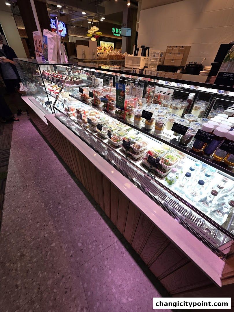 A display case filled with various desserts, salads, and beverages at Paris Baguette.