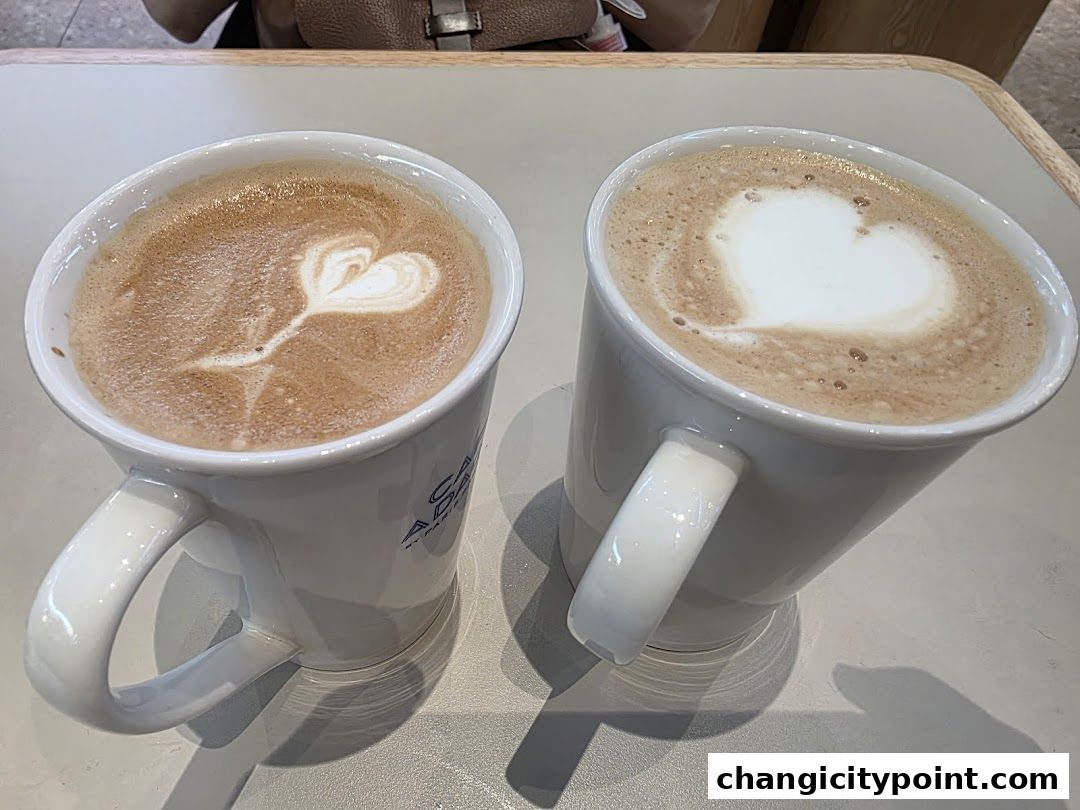 Two mugs of coffee with latte art, one with a heart shape.