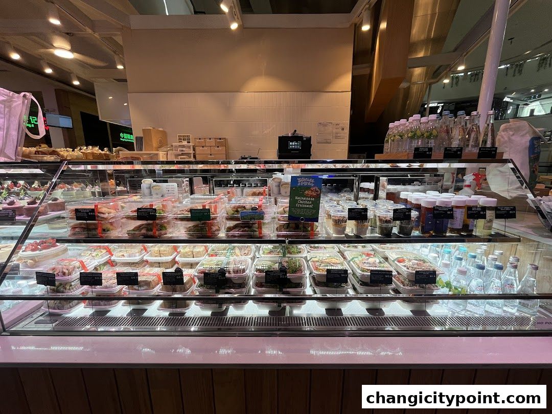 A display case filled with pre-packaged salads, sandwiches, and drinks at Paris Baguette.
