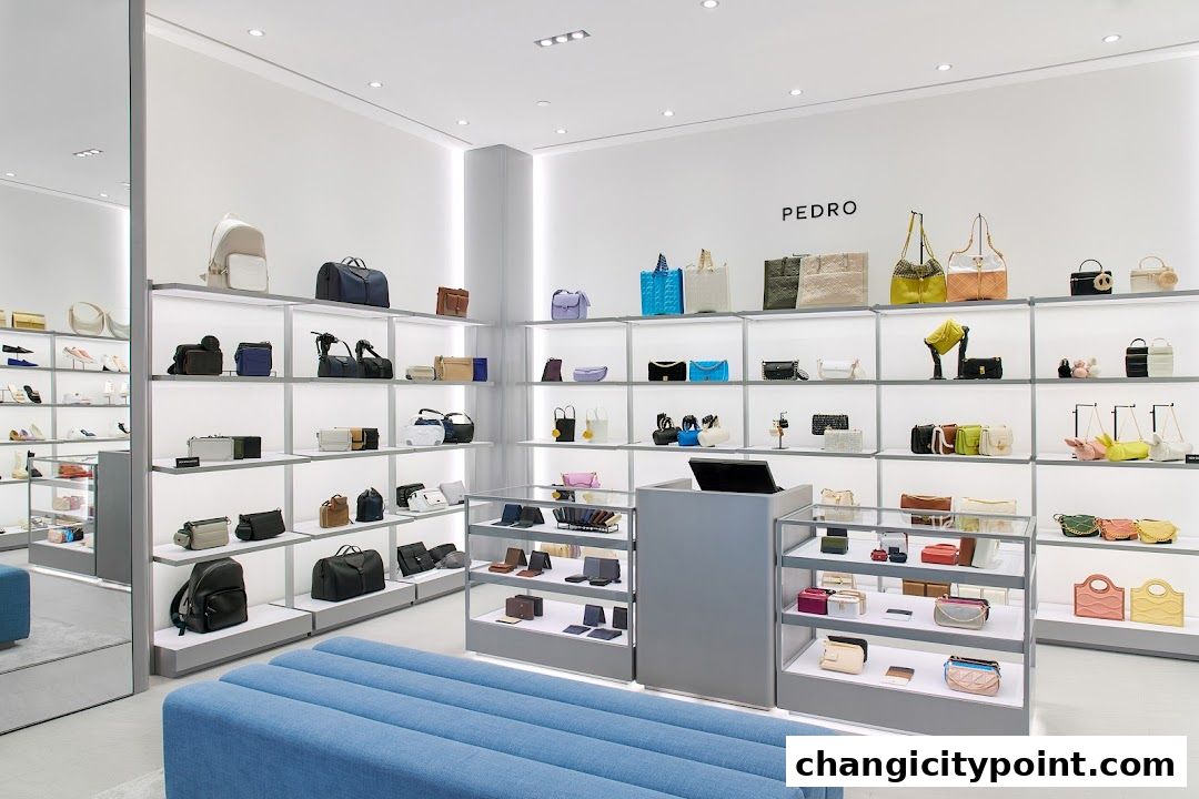 Interior view of a PEDRO store showcasing a wide selection of handbags and accessories on display shelves.