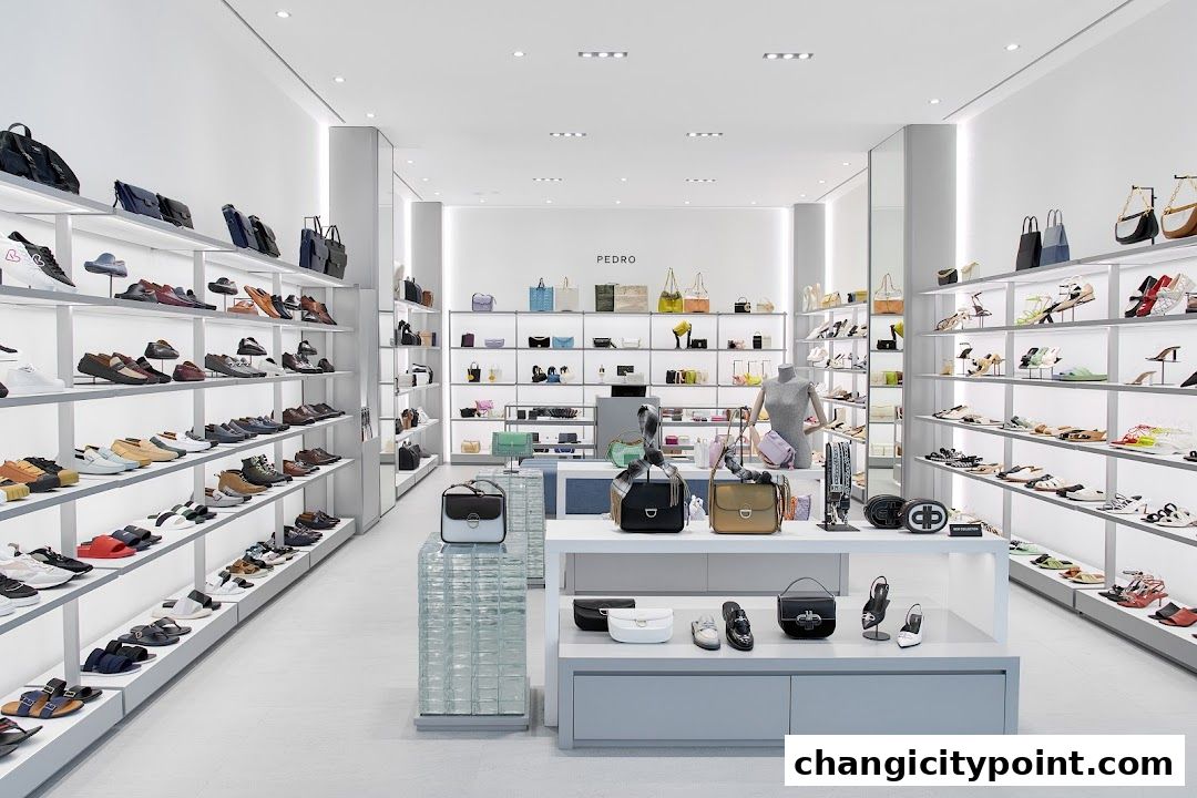 Interior view of a PEDRO shoe and handbag store, showcasing a wide selection of products.