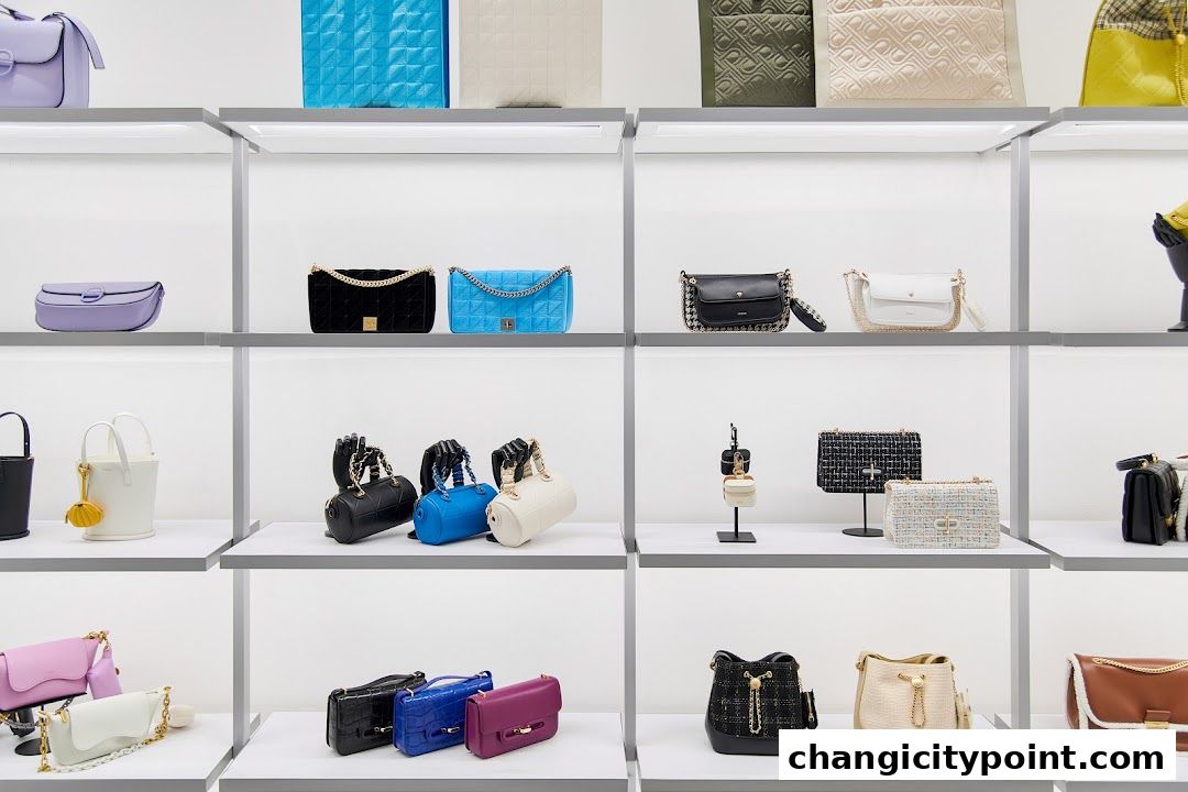 A well-lit display of various handbags on shelves, showcasing different styles and colors.