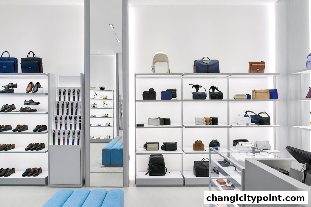 Interior view of a PEDRO store showcasing shoes, bags, and accessories on display shelves.