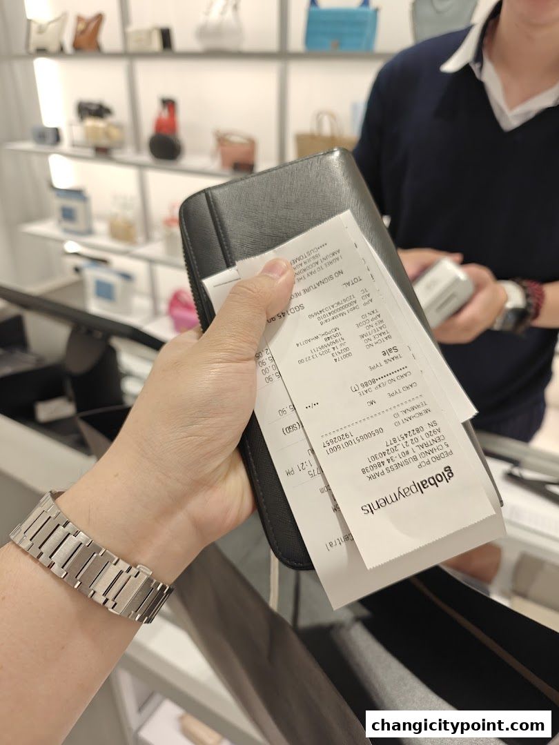 A person holds a wallet and receipts at a PEDRO store checkout counter.