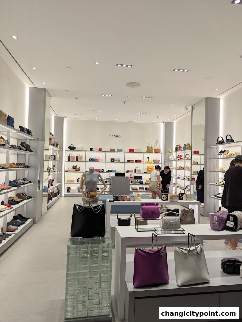 Interior view of a PEDRO store showcasing handbags and shoes on display shelves.