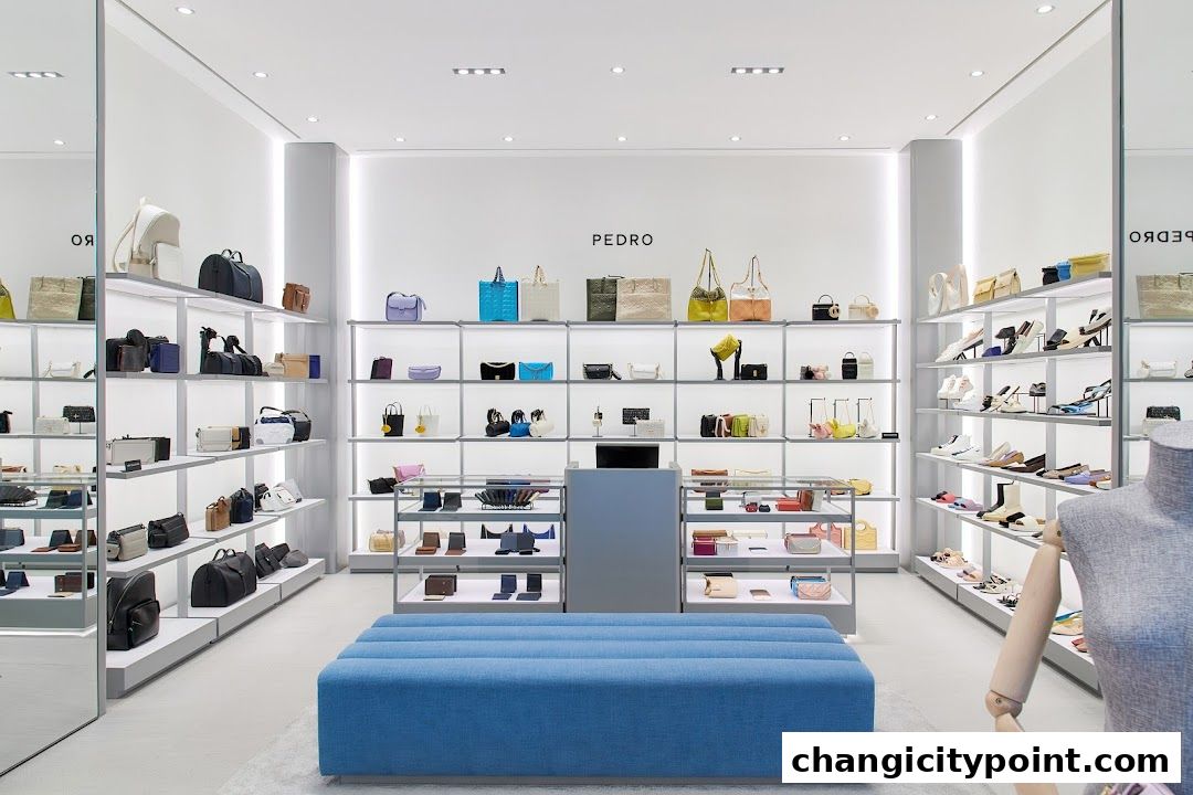 Interior view of a PEDRO store showcasing handbags and shoes on display shelves.