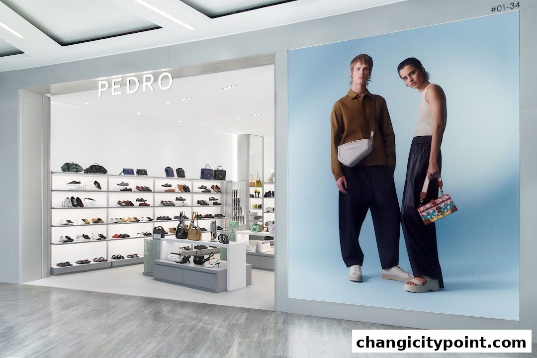 The PEDRO store entrance showcases a wide selection of shoes and handbags on display.