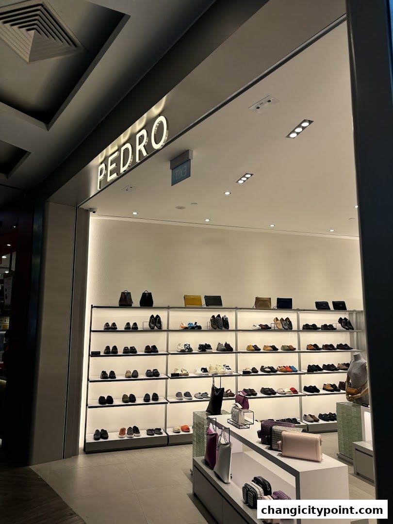 The PEDRO shoe and bag store features a well-lit display of footwear and handbags.