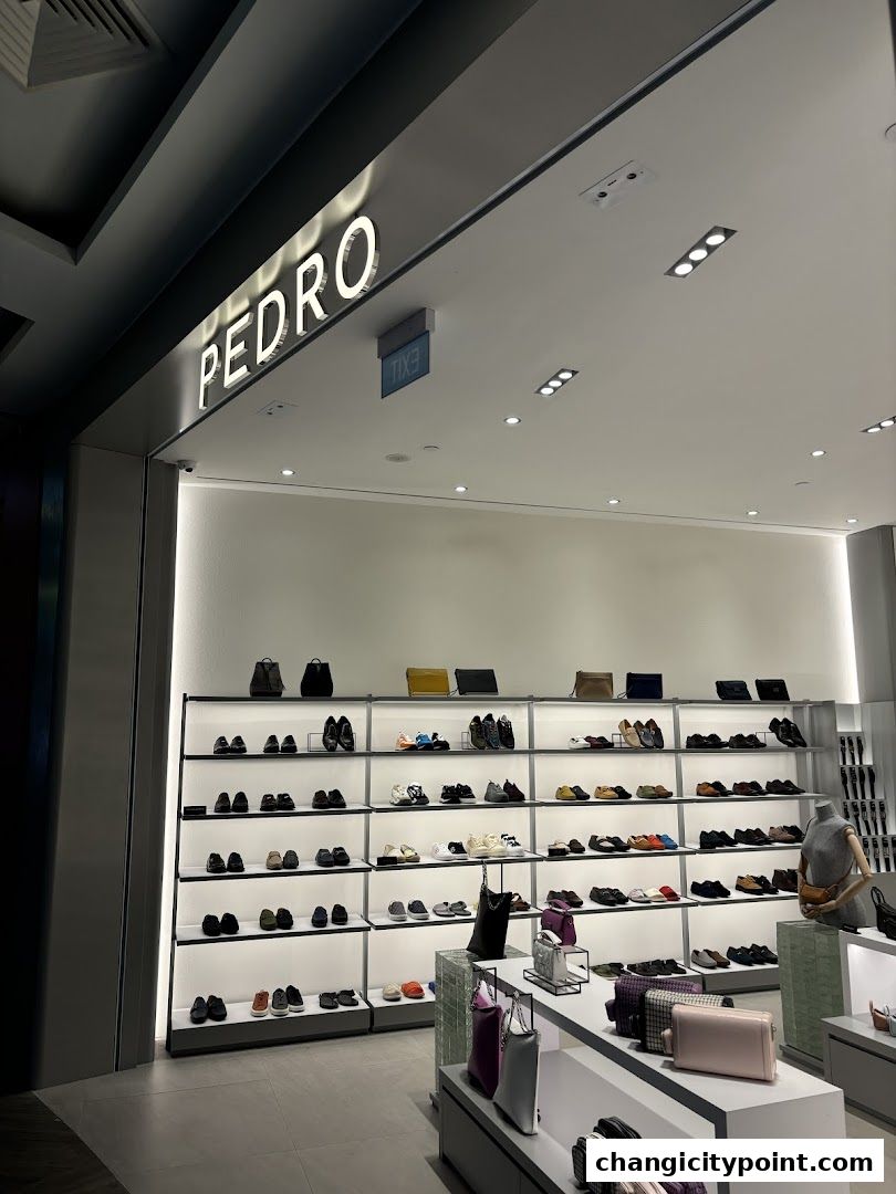 PEDRO shop interior showcasing a wide selection of shoes and handbags on display shelves.