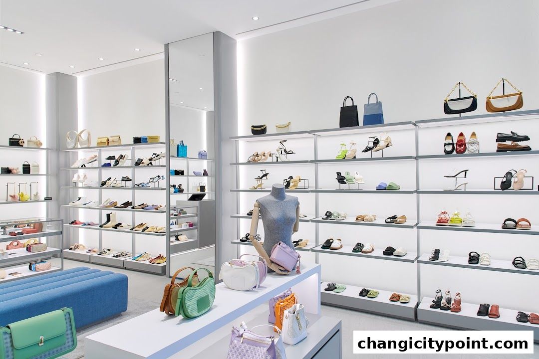 Interior view of a PEDRO shoe and handbag store with shoes and bags displayed on shelves.