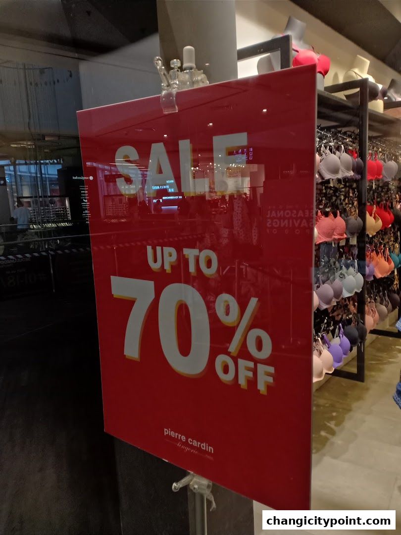 A red sale sign with 'UP TO 70% OFF' and Pierre Cardin Lingerie logo.