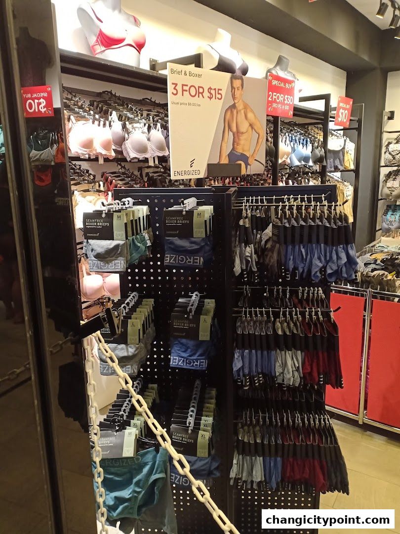 A display of men's and women's underwear, featuring special offers.