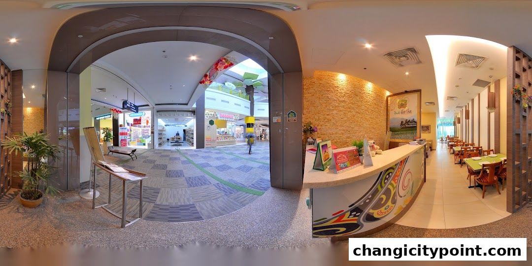 Interior view of Pondok Kartika restaurant and the mall walkway.