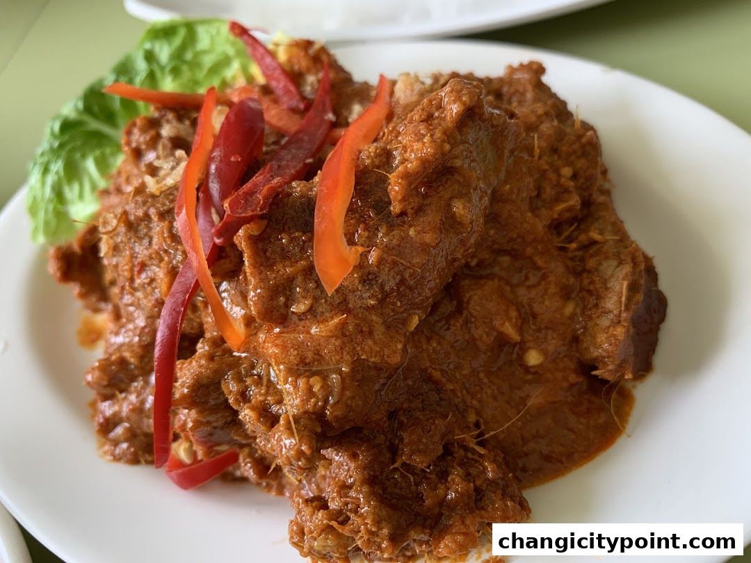 A close-up of a delicious plate of Rendang, garnished with chili slices and lettuce.