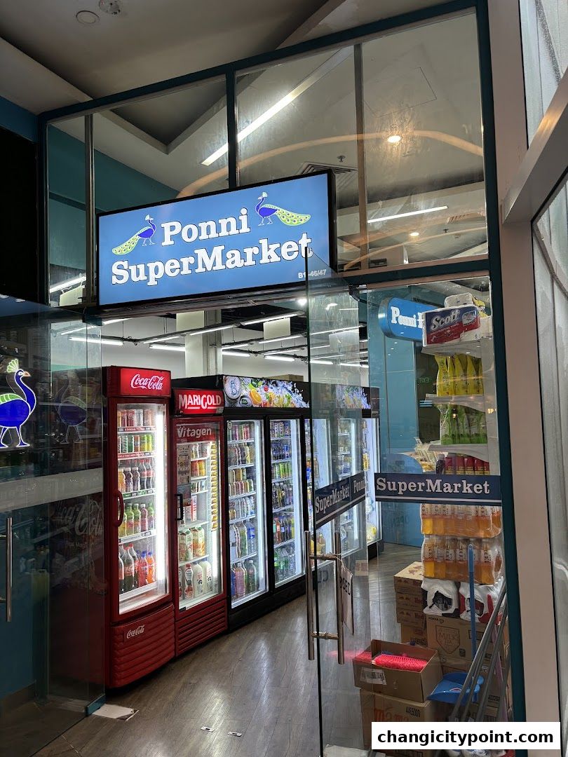 Exterior view of Ponni SuperMarket with illuminated signage and refrigerated display cases.