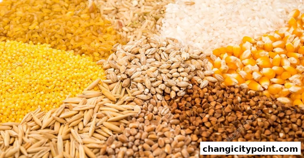 A vibrant display of various grains and seeds, including rice, corn, oats, and buckwheat.
