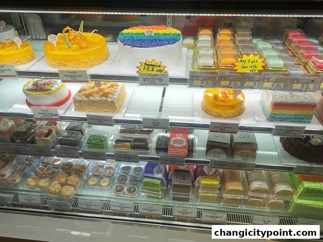 A display case filled with various cakes, pastries, and desserts from PrimaDéli.